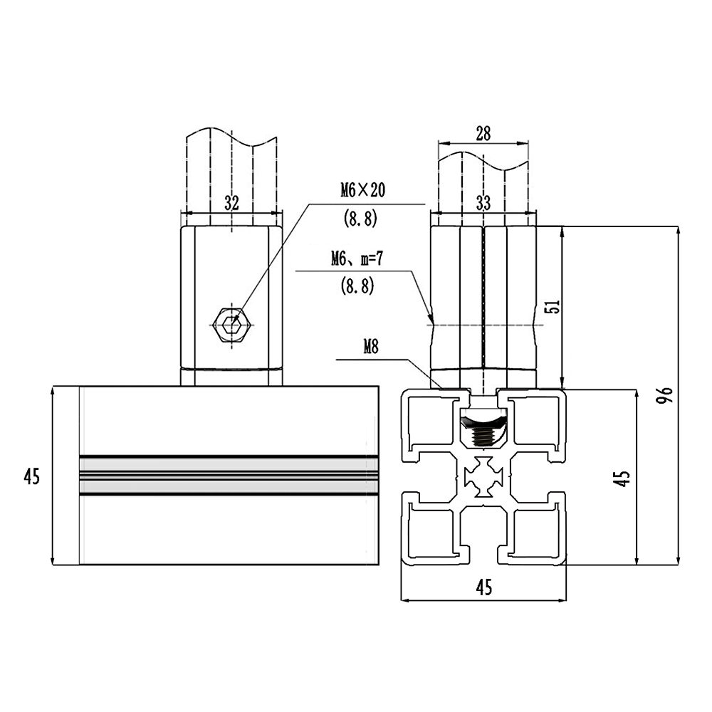 41D-157-1 SOLUTION D28 TO SQUARE PROFILE CONNECTOR<BR>CONNECTOR END TO 45 SERIES PROFILE
