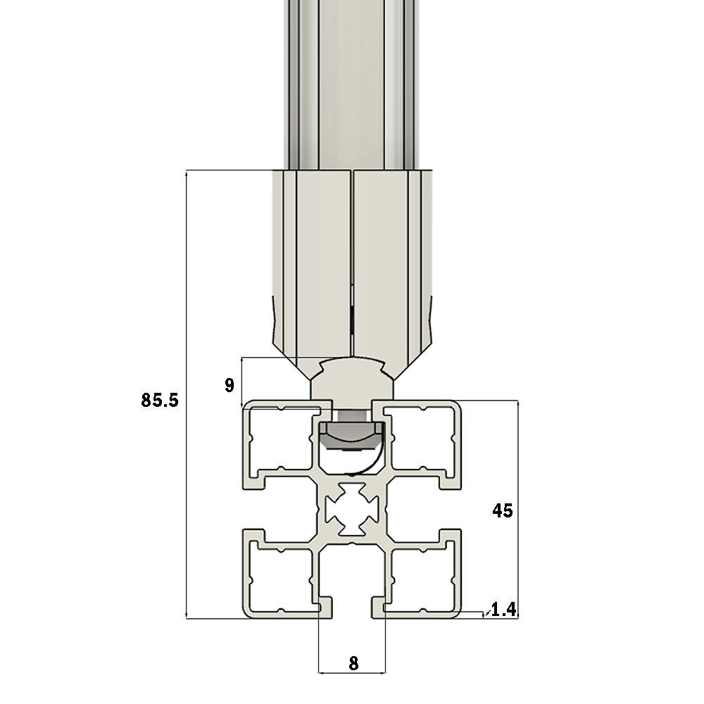 41D-166-3 MODULAR SOLUTION D28 TO SQUARE PROFILE CONNECTOR<BR>CREATE D28 RIDGE FOR M8 TEE SLOT