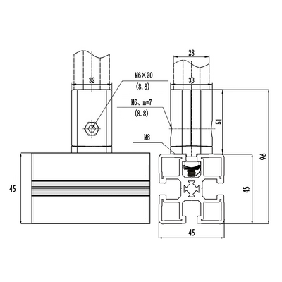 41D-157-1 SOLUTION D28 TO SQUARE PROFILE CONNECTOR<BR>CONNECTOR END TO 45 SERIES PROFILE